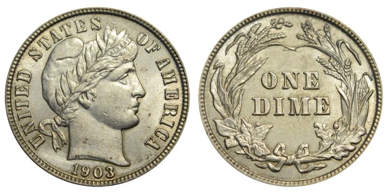 1903 Barber Dime obverse and reverse showing Liberty portrait and reverse wreath