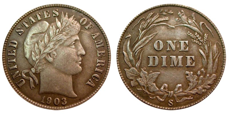 Side-by-side comparison of 1903-P and 1903-S Barber dime reverses showing mint mark location