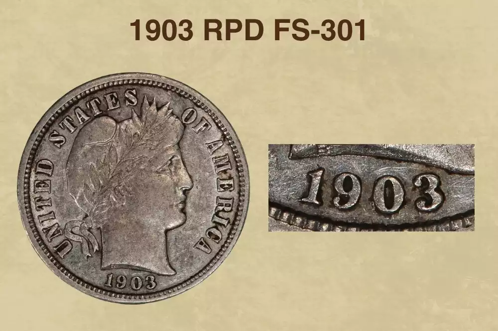 Close-up of the 1903 Barber dime date showing repunched date doubling on numerals FS-301
