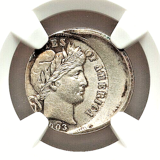 1903 Barber dime off-center strike error showing crescent of blank metal and partial design