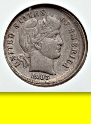 1903 Barber dime broadstruck error showing expanded diameter and missing collar reeding