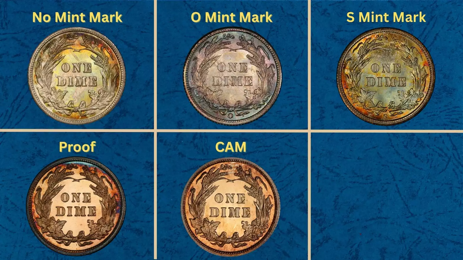 Grading strip showing 1903 Barber dime in four grades: Good, Fine, Extremely Fine, and Uncirculated